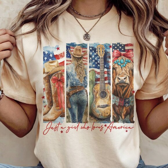 USA Western Just a Girl Who Loves America Flag Graphic Cream Tee - Picture 1 of 1
